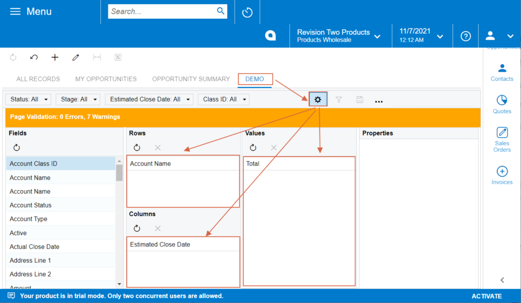 Acumatica Pivot 設定樞紐分析表